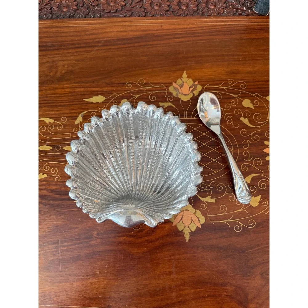 Vintage Shell Dish with‎ Spoon, Hand Cast Metal Scallop Bowl
